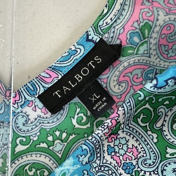 Talbots Blouse Paisley short Sleeve Blue Green Pink Lightweight XL Satin - Picture 3 of 9